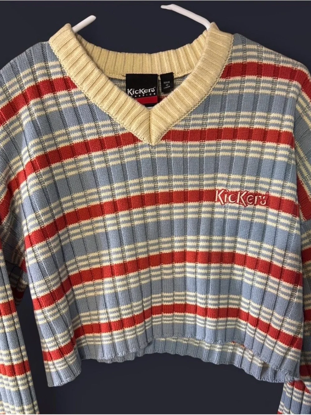 Kickers Retro Cropped Women's V-Neck Striped Knit Sweater